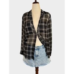 Women’s Gap Sheer Plaid Button Up Shirt Black White Size Large